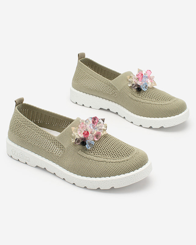 Royalfashion Дамски мокасини от плат в цвят каки с кристали Fezens