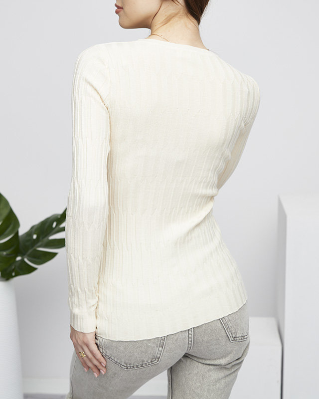 Бежов рипсиран дамски пуловер - Облекло