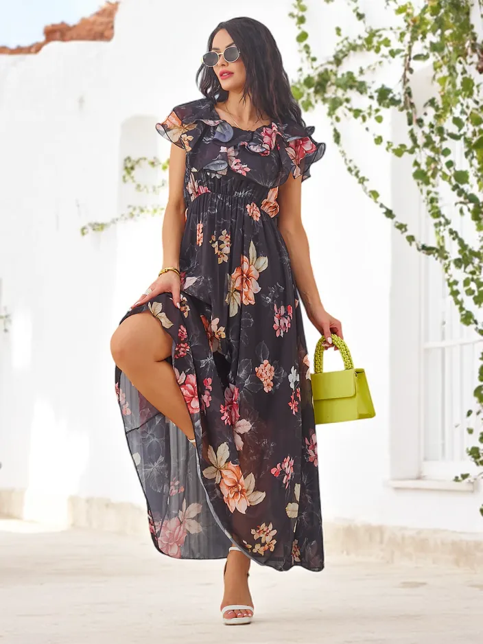 Royalfashion Дамска рокля без ръкави с къси ръкави в различни цветни десени