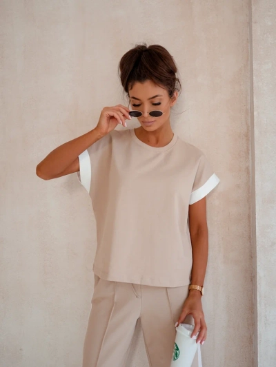 Royalfashion Дамски памучен комплект с къс ръкав и разширяващи се панталони