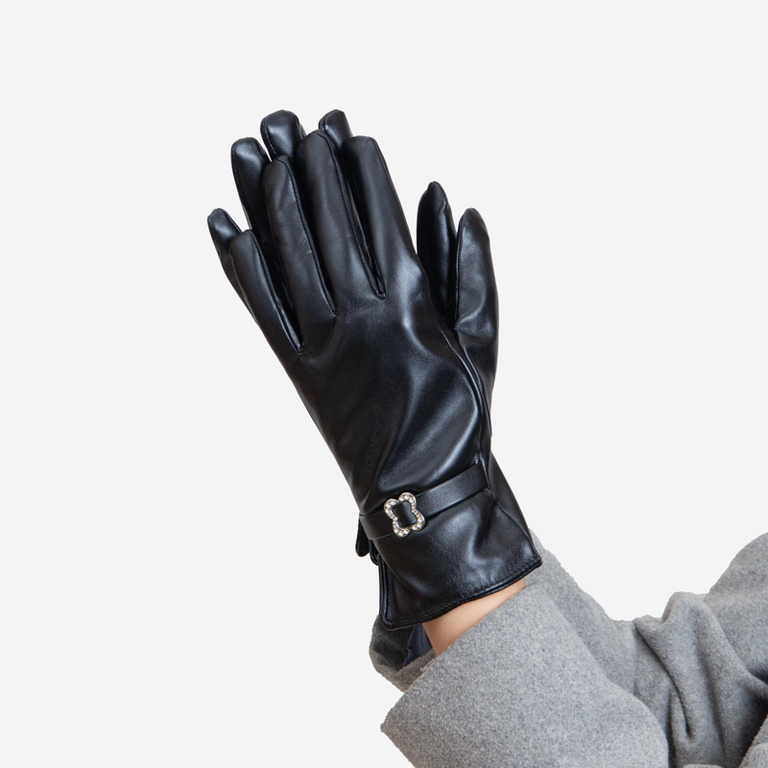 Черни класически дамски ръкавици от екокожа с катарама - Аксесоари