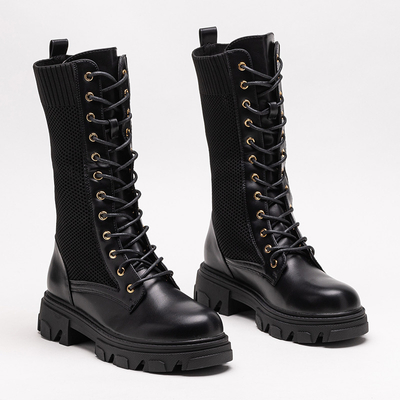 Ażurowe czarne damskie botki sznurowane Buhomi - Obuwie