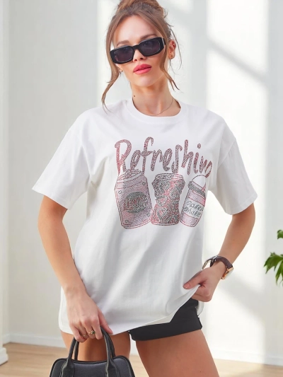 Дамска памучна тениска Royalfashion с печат от стрази