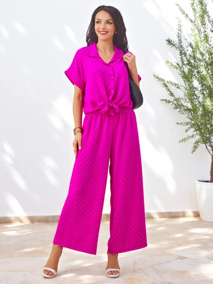 Royalfashion Дамски комплект с вързан къс ръкав и фланелки с камъни