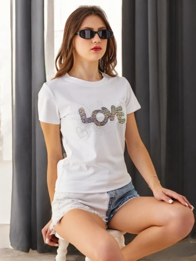 Royalfashion Дамска памучна тениска LOVE с кристали