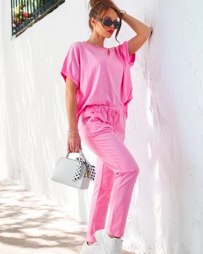 Royalfashion Женски памучен комплект с къси ръкави и прави панталони