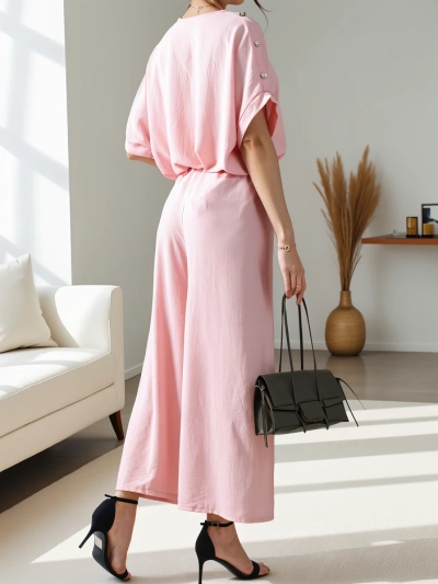 Royalfashion Дамски ежедневен комплект с блуза с къс ръкав и широки панталони