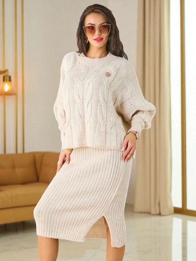 Royalfashion Акрилен плетен комплект за жени с пуловер и пола Топъл & Пухкав