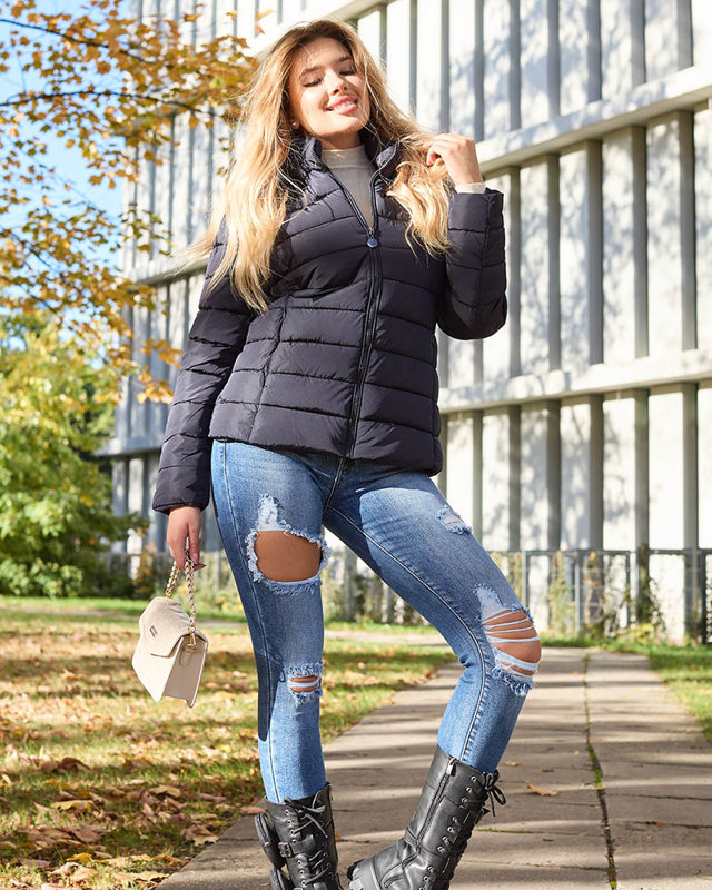 Морско синьо дамско ватирано яке с качулка и козина - Облекло