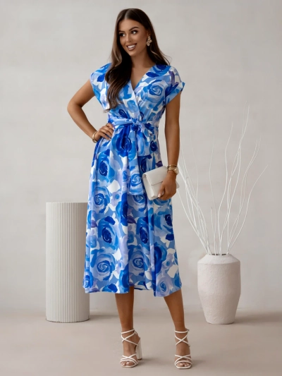 Рокля миди за жени с къси ръкави, обвита яка с рози