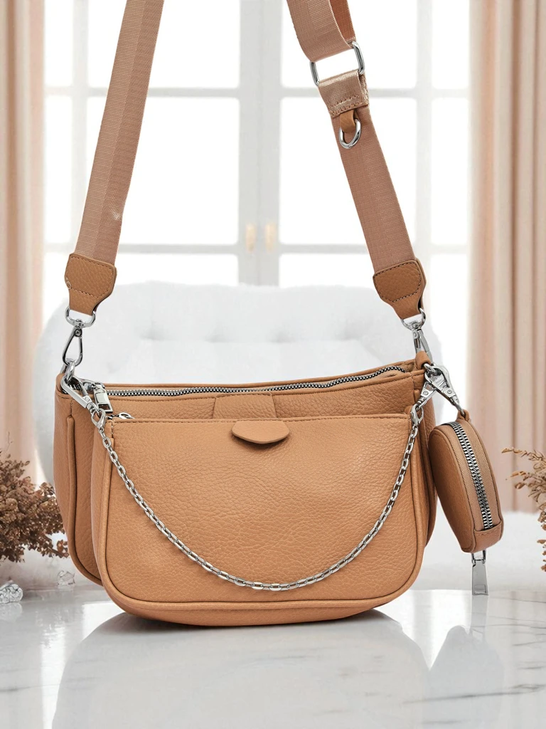 Дамска чанта Aurora Multi от еко кожа, светлокафява, верижка, цип