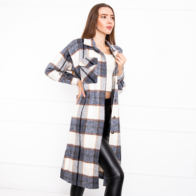 Granatowa długa koszula damska w kratę - Odzież