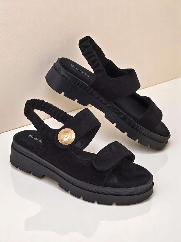 Дамски сандали Royalfashion Anthea Nero – черен велур, платформа 5 см