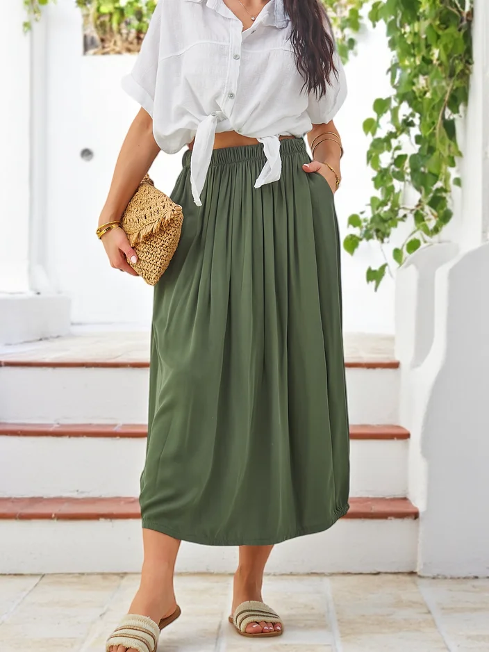 Royalfashion Дамска миди пола от вискоза, лятна и ефирна с два джоба