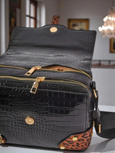 Дамска чанта Callista Nero - екологична крокодилска кожа, черно-кафява