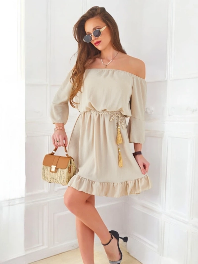 Royalfashion Дамска мини рокля с голи рамене и дълги ръкави, украсена с камъчета