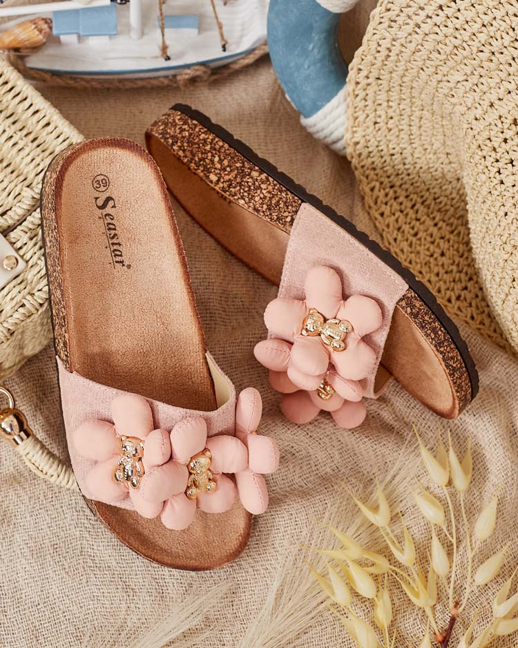 Royalfashion Дамски джапанки със златни мечета и цветя Isaralle