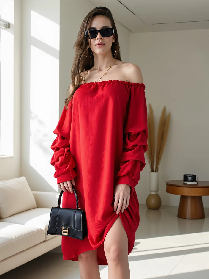 Royalfashion Гладка дамска рокля а'ла испанска с волани