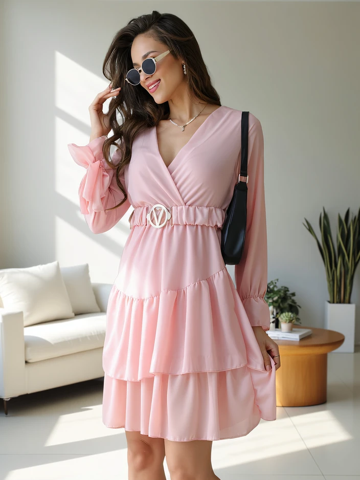 Royalfashion Дамска мини рокля с ръбове и завиваща яка