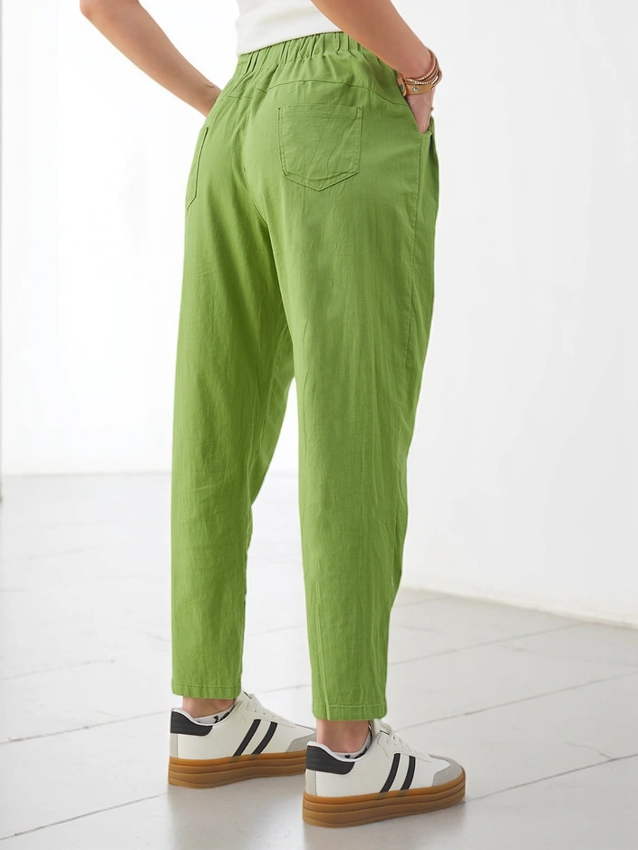 Royalfashion Дамски обикновени памучни панталони с връзка на талията