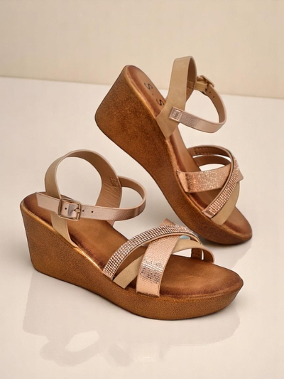 Royalfashion дамски сандали на равна платформа с камъни и брокат Glittera