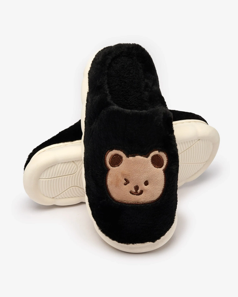 Royalfashion Черни дамски чехли от естествена кожа с плюшено мече Hettres