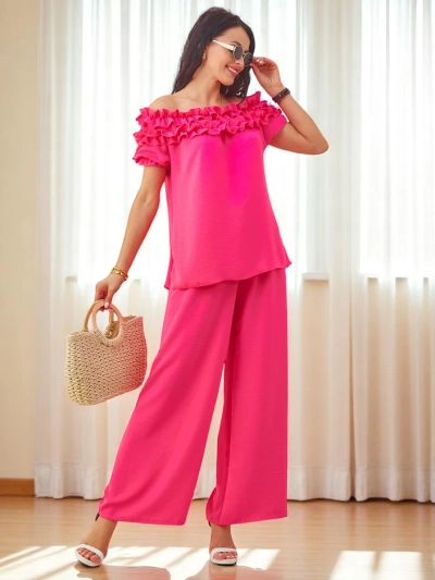 Royalfashion Женски комплект с блуза с открито рамо и къси ръкави и декоративно деколте и фльерд панталони