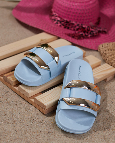 OUTLET Niebieskie damskie klapki ze złotą ozdobą Serina - Obuwie