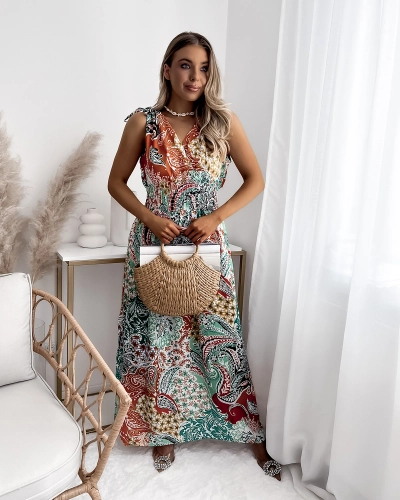 Шарена дамска миди рокля в зелено и оранжево Облекло