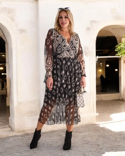 Royalfashion Черно-бежова мрежеста миди рокля с принт