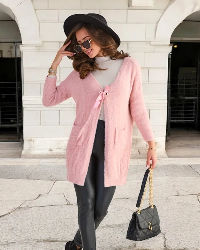 Różowy damski miękki długi sweter narzutka - Odzież
