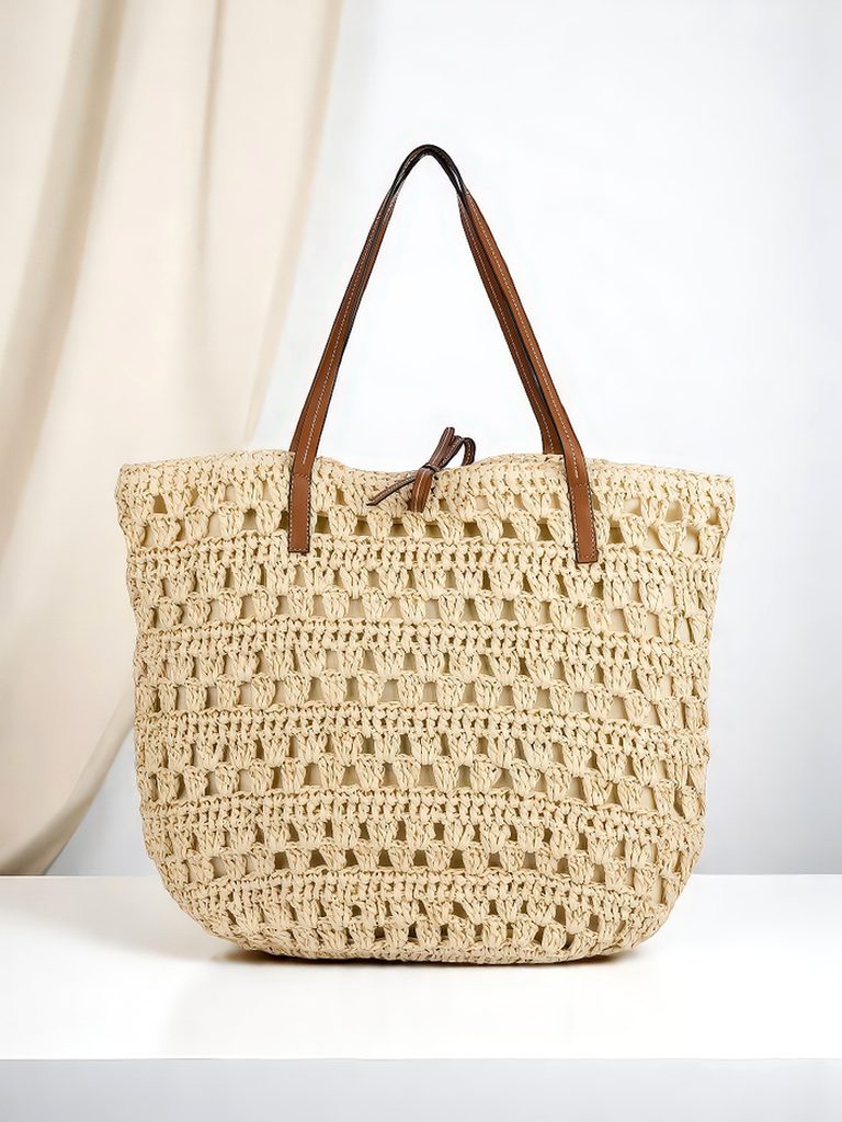 Royalfashion Голяма дамска чанта от слама - Натурален класически стил