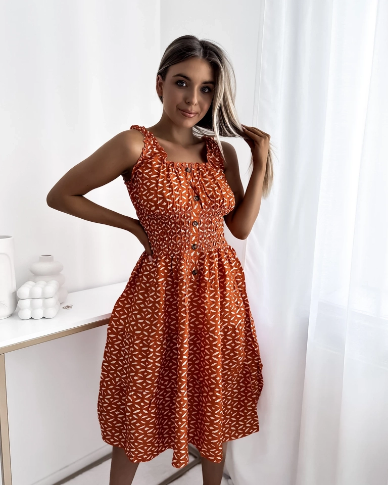 Дамска рокля с дължина до коляното и принт в оранжево- Облекло