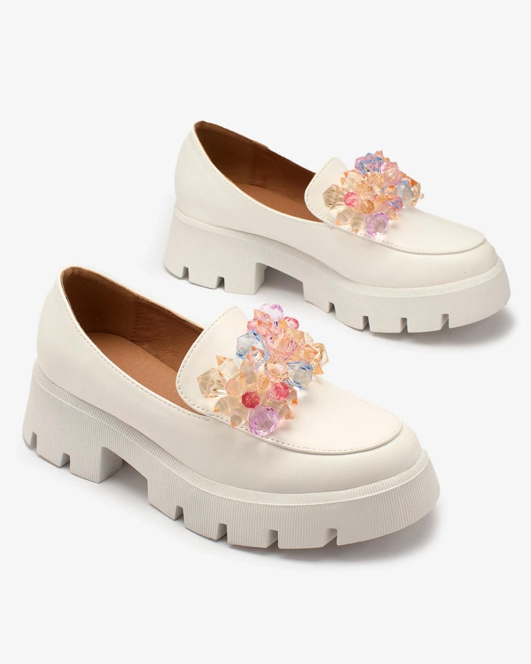 Royalfashion Бели дамски мокасини с цветни кристали Crystal Glam