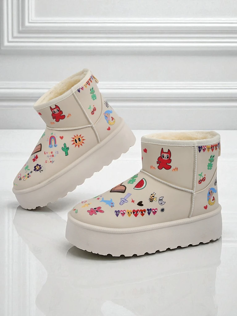 Боти Lemuria - Кремави Снегоходки Doodle на Дебела Подметка Furrini