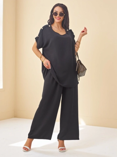 Royalfashion Женски памучен комплект с къс ръкав и широки панталони