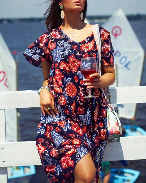 Royalfashion Дамска рокля в морско синьо с цветен десен