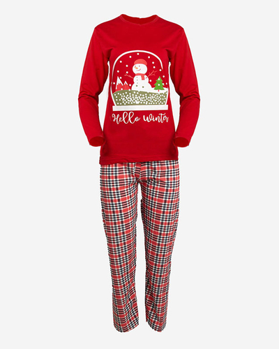 Червена дамска пижама от 2 части със снежен човек- Облекло