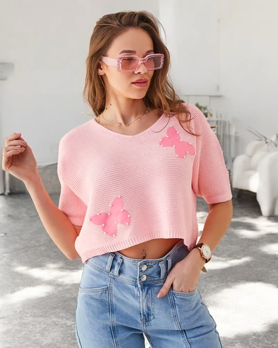 Royalfashion дамски памучен къс пуловер с пеперуди