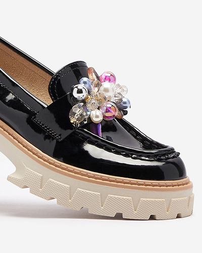 Черни лакирани дамски мокасини с орнамент Leliab- Footwear