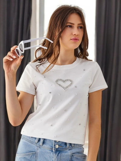 Royalfashion Женска памучна тениска с мъниста под формата на сърце