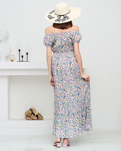 Długa letnia zielona sukienka damska w fioletowe kwiaty- Odzież