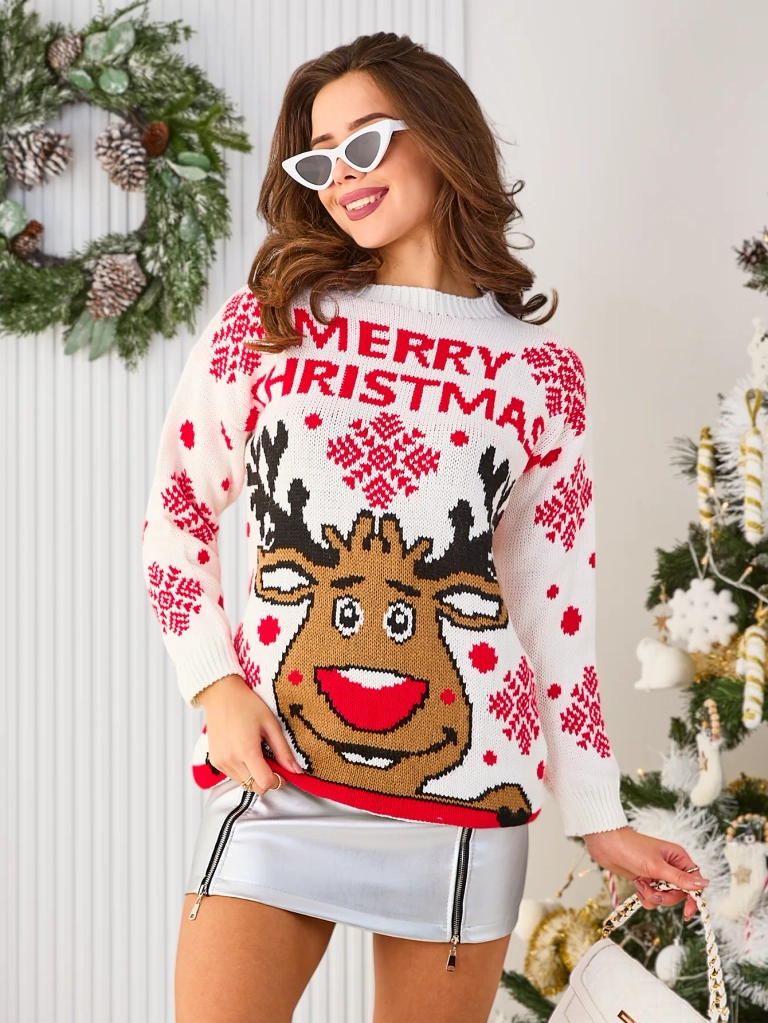 Royalfashion Дамски бял коледен пуловер със северни елени