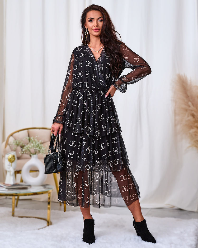 Royalfashion Черна мрежеста миди рокля с принт