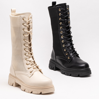 Ażurowe czarne damskie botki sznurowane Buhomi - Obuwie