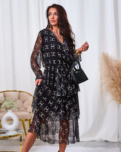 Royalfashion Черна мрежеста миди рокля с принт