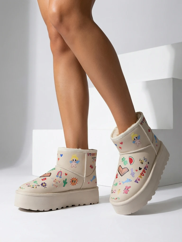 Боти Lemuria - Кремави Снегоходки Doodle на Дебела Подметка Furrini