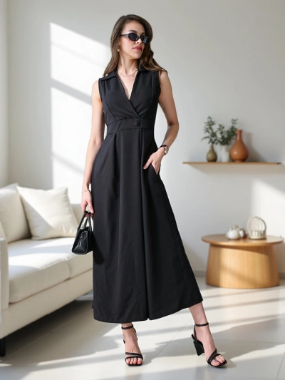 Дамска безръкавица рокля Royalfashion с обгръщаща яка Bizness