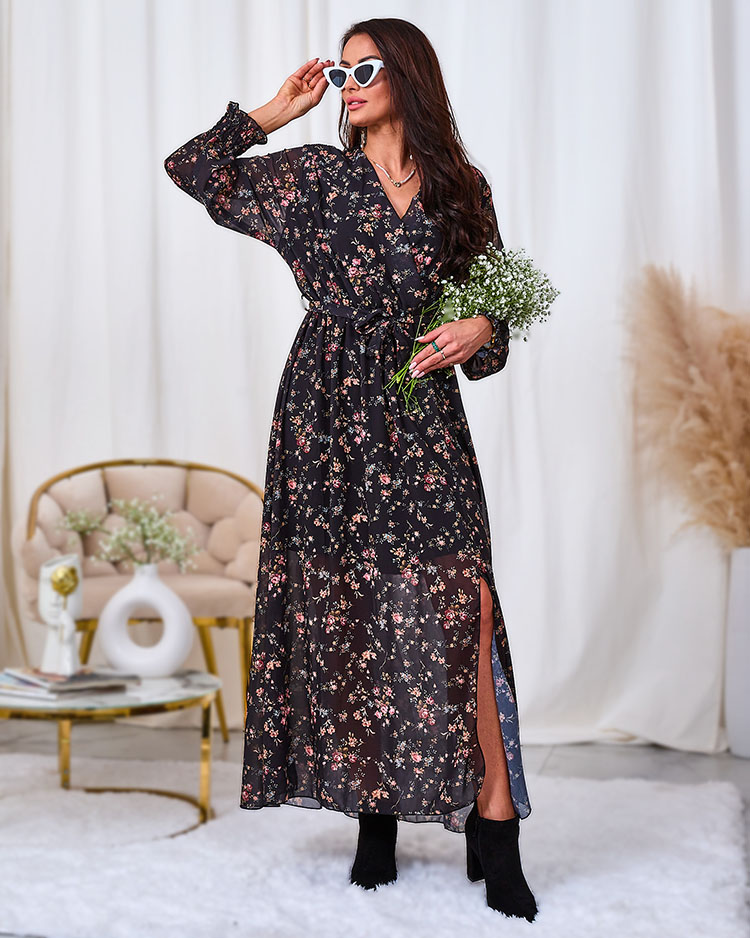 Royalfashion Черно-розова мрежеста миди рокля с принт