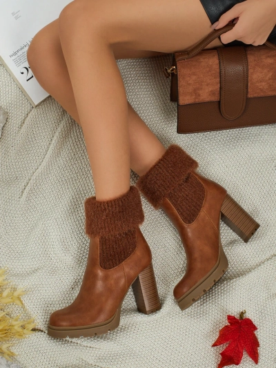 Дамски боти до глезена от еко кожа на ток с плетиво Tirave